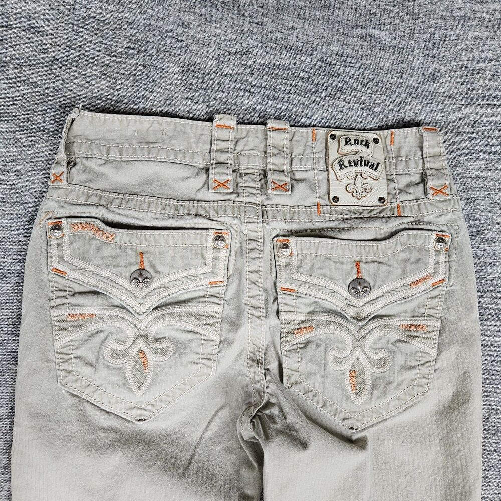 Rock Revival Jeans Mens 30x33 Khaki Straight Stretch Embellish Pants Embroidered